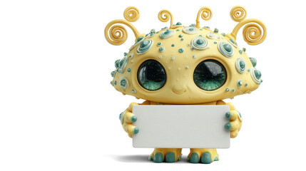 pastel yellow alien with a triangular head, spiral antennas, and freckles shaped like stars