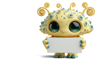 pastel yellow alien with a triangular head, spiral antennas, and freckles shaped like stars