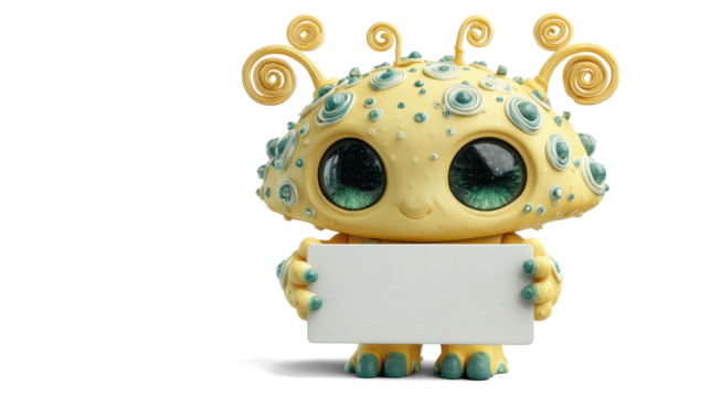 pastel yellow alien with a triangular head, spiral antennas, and freckles shaped like stars