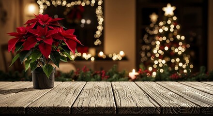 A poinsettia plant sits on a wooden table with a blurred Christmas tree and lights in the background.
