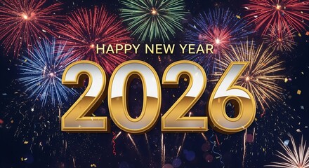 Celebrating happy new year 2026 with colorful fireworks and golden numbers against a dark blue background perfect for festive greetings and holiday promotions