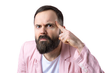 Obraz premium Handsome man with a beard in a pink jacket is thinking over an isolated red background.