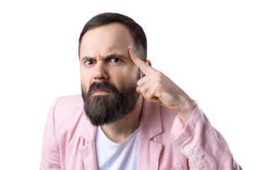 Handsome man with a beard in a pink jacket is thinking over an isolated red background.