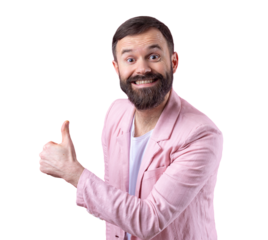 A man dressed in a pink jacket with a beard shows a thumbs up.