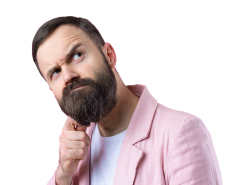 Handsome man with a beard in a pink jacket is thinking over an isolated red background.
