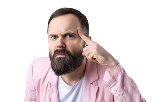 Handsome man with a beard in a pink jacket is thinking over an isolated red background.
