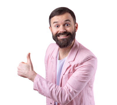 A man dressed in a pink jacket with a beard shows a thumbs up.