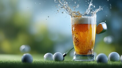Refreshing beer splash in glass with golf balls and club on green field