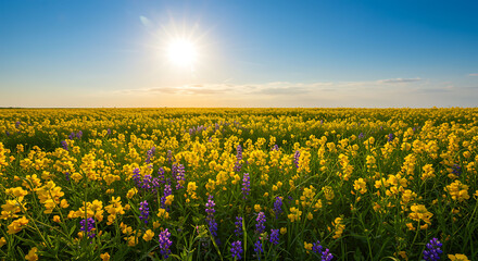 Field of yellow and purple wildflowers under a bright sun lupine landscape nature sky