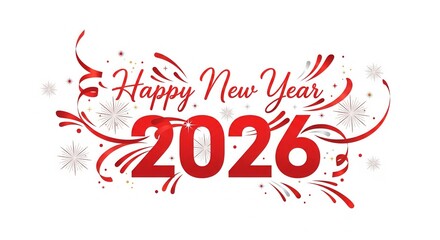 Festive happy new year 2026 design with red ribbons and fireworks perfect for holiday greetings and seasonal celebrations and events promotion on white background