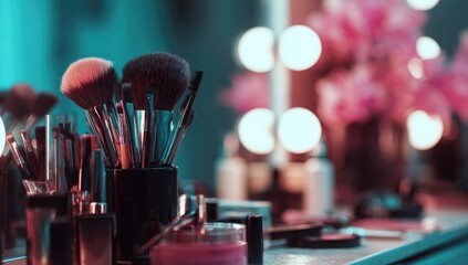 Makeup brushes and cosmetics on a vanity (1)
