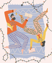 Christmas card with a girl and a man. The couple is lying on a carpet on the floor, reading books. Holiday leisure. Vector illustration.