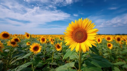 Fototapeta premium Bright sunflower field under blue sky, summer landscape