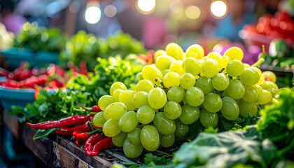 Fresh green grapes placed among chili peppers and leafy vegetables in market display
