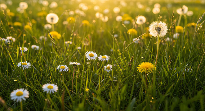 Daisies and dandelions in a field at sunset daisy grass flower spring summer nature - Powered by Adobe