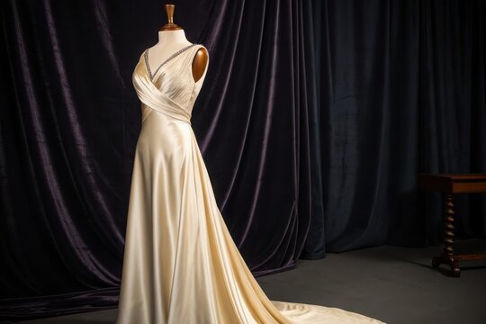 Elegant silk charmeuse evening gown on a mannequin