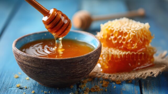 bowl organic honey on blue rustic table, with honeycomb - Powered by Adobe