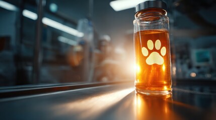 Medicine jar with paw print and amber liquid in a medical environment