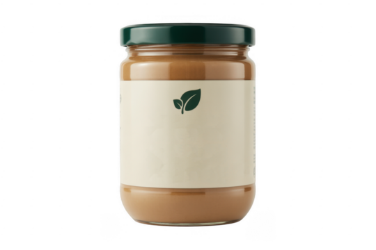 Glass jar of organic tahini spread with green lid and label isolated on a transparent background - Powered by Adobe