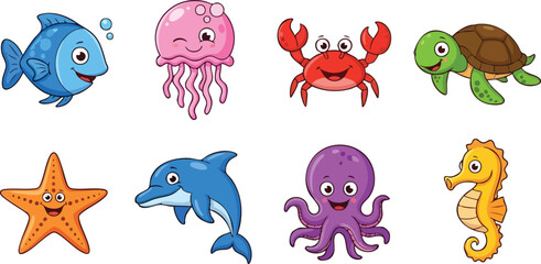 Fototapeta premium Colorful marine life cartoon illustrations on white background.