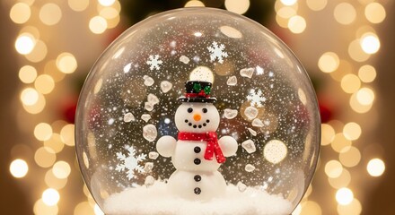 Festive snowman in a snow globe with a blurred background of warm bokeh lights creating a magical holiday atmosphere perfect for christmas cards and seasonal designs