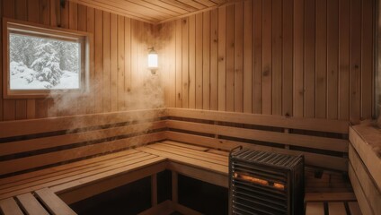 Inviting sauna interior with wooden benches and a view.