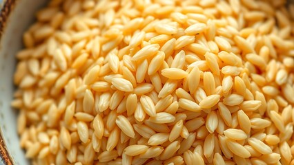 kamut. Close-up of a bowl containing cooked grains, highlighting their elongated shape. menu design, packaging mockups, designed for culinary blogs and recipe cards for restaurants.