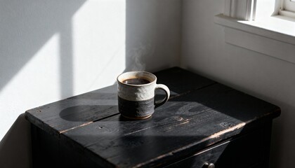 Hot drink on old nightstand in soft morning light, rustic calm mood, lifestyle photography