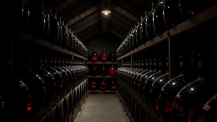 carboy. Wine cellar with rows of glass containers on wooden racks. bar promotions, beverage menus, designed for product packaging and bar promotions, inspires menu design.