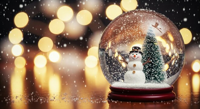 Snow globe with a snowman and christmas tree inside with falling snow and bokeh lights in the background creating a festive and magical winter holiday scene