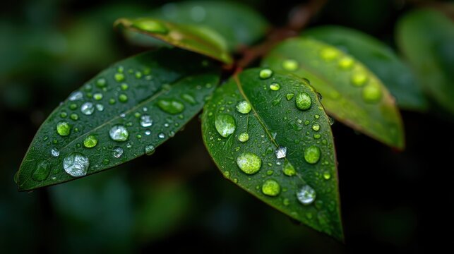 Close-up of water droplets on green leaf, nature macro