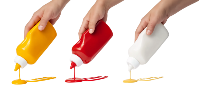 Three Condiment Bottles Pouring Sauces isolated on a transparent background