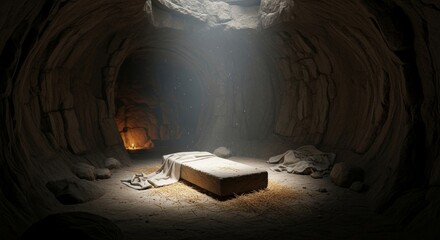 Empty tomb in a dark cave with bright light on a stone slab and a candle. Religious Easter concept, resurrection image.