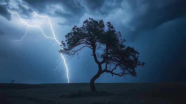 superego. A lone tree bent by strong winds during a stormy night with dramatic lighting. ESG reports, sustainability campaigns, designed for sustainability communications and ESG reporting.