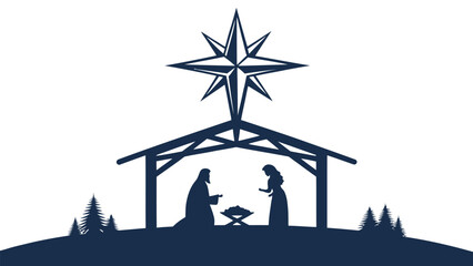 Silent night holy night nativity scene icon, Christmas story with Mary Joseph and baby Jesus silhouette