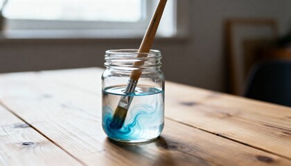 Paintbrush soaking in glass jar with pigment swirl in warm light, calm mood, photorealistic style