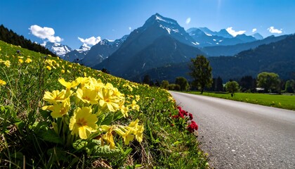 Sunny meadow with yellow flowers along a road leading toward snow-capped mountains under a bright blue sky