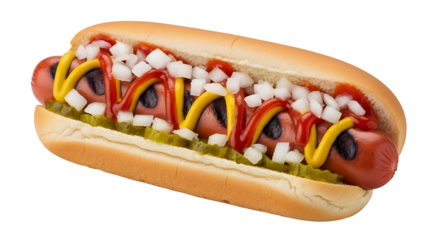 Isolated hot dog on a transparent background. Perfect for food menus, advertising, and commercial projects requiring a clean, professional PNG image