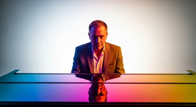 Caucasian man in a suit looking intensely at the camera with colorful reflections on a polished surface. Deep thinking and contemplation concept.