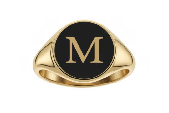 Gold signet ring with black enamel and gold letter M isolated on a transparent background - Powered by Adobe