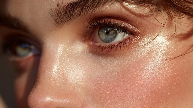 Close-up of blue eyes and glowing skin with natural sunlight highlights - Powered by Adobe