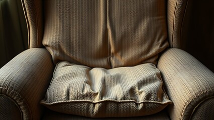 ableism. An old fabric armchair with a sagging seat cushion in warm light. lifestyle magazines, social media lookbooks, designed for lifestyle magazines and social media content, drives engagement.
