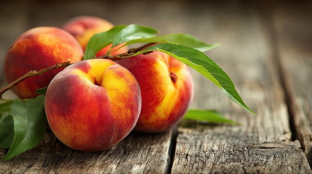 Fresh organic fruit - peaches on wood background