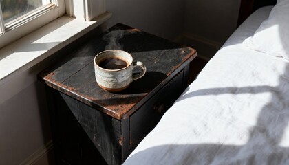 Hot drink on old nightstand in soft morning light, rustic calm mood, lifestyle photography