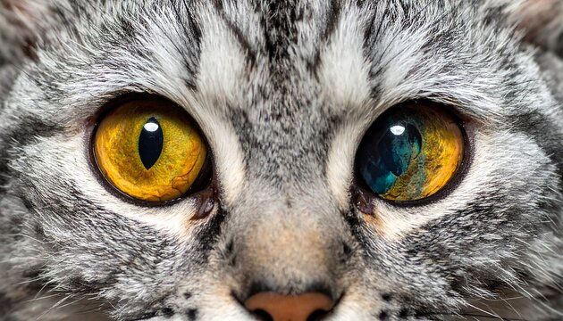 Striking close-up of a tabby cat's face, showcasing its captivating, mismatched eyes one gold and one with mixed color