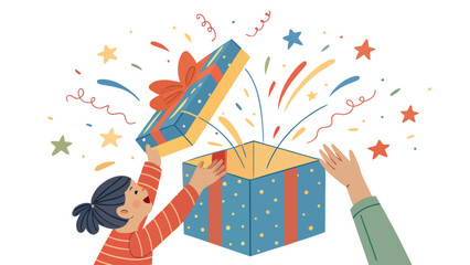 Excited children opening magical birthday present with confetti and stars for family celebration