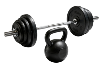 Heavy Barbell With Kettlebell And Plates For Strength Training And Home Gym Workouts