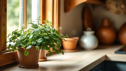 lovage. A potted lovage plant on a sunny windowsill in a rustic kitchen, warm and inviting atmosphere. gardening catalogs, home-decor guides, designed for home decor and floral branding.