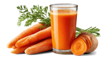 Glass of carrot juice with fruit on white