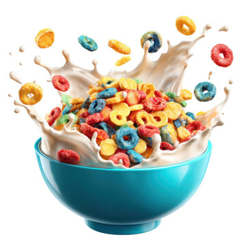 Colorful cereal rings milk splash bowl breakfast fruit loops style vibrant playful